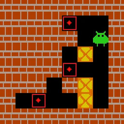 Three-box Sokoban puzzle at the start.